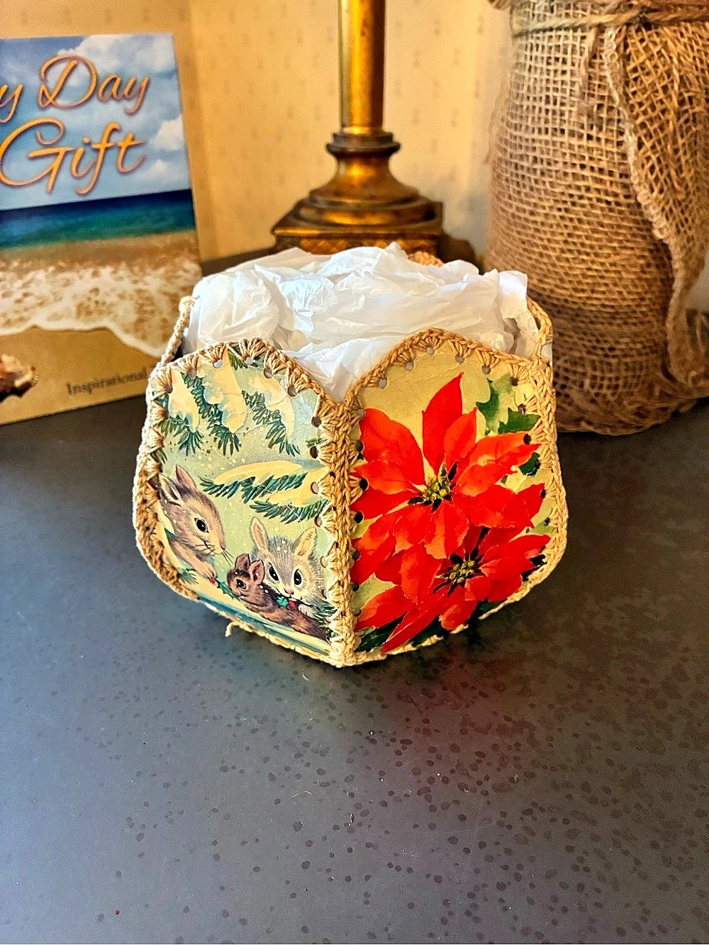 VINTAGE, Handmade CHRISTMAS greeting card bowl or basket. Recycled holiday cards